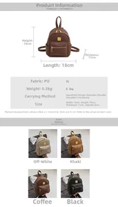 Detailed chart showing small PU leather backpack dimensions and four color variants