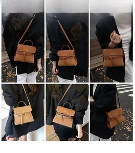 Brown frosted leather mini square bag with MYBAGS logo shown in outdoor street style shots