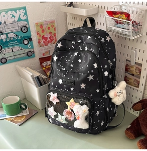 Close-up of star pattern school bag featuring a transparent display window and charms