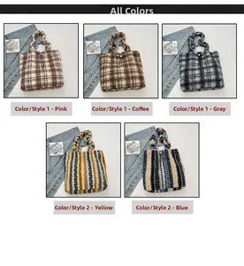 Close-up of fluffy striped and checkered tote bags in multiple pastel colors