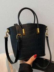 Women Fashion Croc Embossed PU Leather Bucket Bag Top Handle Crossbody Handbag With Adjustable Shoulder Strap For Daily Use