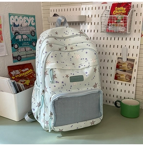 Detail of mint green school backpack with star prints and a dark grey mesh pocket