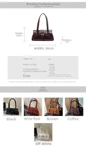 Detailed size guide and color options for the vintage PU leather baguette bag with rivets