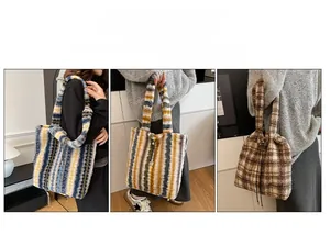 Detailed views of fuzzy faux fur tote bag in striped patterns and plaid styles
