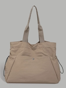 Waterproof large-capacity nylon tote bag with drawstring details in khaki sand color