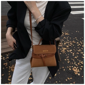 Close-up of brown matte suede crossbody bag with gold text and belt buckle detail