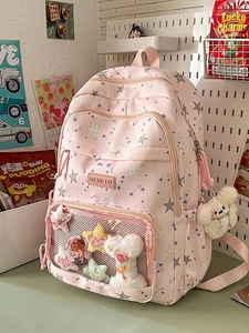 Pink canvas backpack with star pattern and transparent pocket for school girls