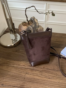 Retro Sanded PU Leather Bucket Bag Women Minimalist Splicing Crossbody Phone Bag Fashion Small Shoulder Bag Daily Purse