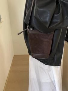Retro dark brown frosted suede bucket bag with adjustable crossbody strap for women