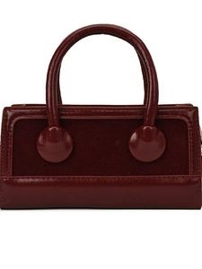 Retro burgundy leather handbag with suede patchwork and round decorative hardware handle