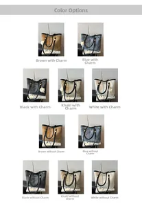 Multiple color options for high-capacity tote bags in matte faux leather with plush charms