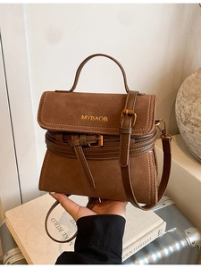 Brown frosted suede small square bag with top handle and gold MYBAOB logo