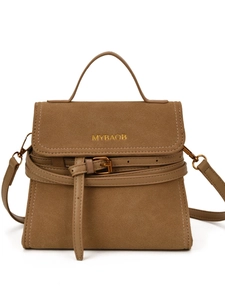 Retro brown frosted suede shoulder bag with gold MYBAOB logo and top handle strap