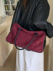 Retro burgundy suede and black leather tote bag with dual handles and long strap