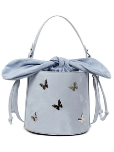 Elegant light blue mini bucket bag with silver butterfly accents and large bow knot decor
