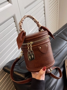 Sac Seau Cylindre en Cuir PU Vintage Femme Mode Poignée Foulard Léopard Sac à Main Décontracté Bandoulière Serrure Métallique