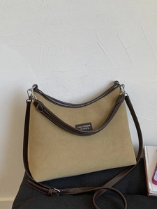 Retro khaki suede and brown leather crossbody bag with adjustable shoulder strap