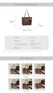 Guide des dimensions détaillées et spécifications pour le sac fourre-tout en laine à carreaux