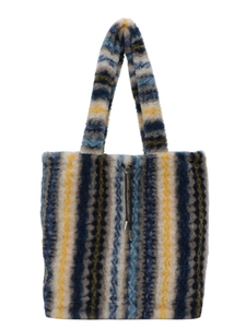 Striped faux fur tote bag in autumn colors with metal drawstring detail for women