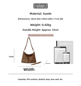 Size chart showing leopard tote bag dimensions with iPad and A4 paper comparison