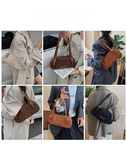Collage of four colors showing models wearing minimalist retro Boston shoulder bags
