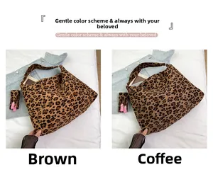 Detailed comparison of brown and coffee leopard print faux suede large tote bags