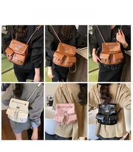 Collage of four vintage bucket backpacks in brown white pink and black colors on models
