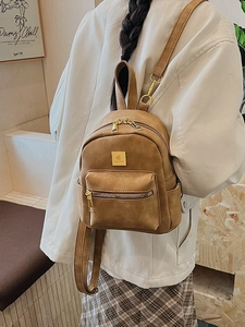 Retro brown faux leather mini backpack with double zipper and gold metal logo