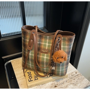 Large checkered wool tote bag with leather handles and poodle charm for autumn winter