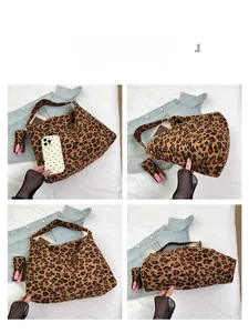 Detailed views of leopard print canvas tote bag with matching coin purse and large capacity