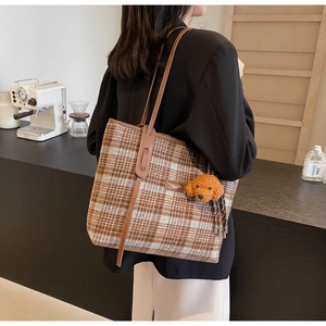 Retro large tweed tote bag with brown plaid pattern and leather straps for autumn winter
