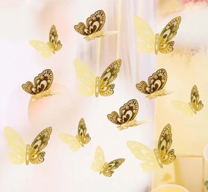 Detailed laser-cut hollow rose gold 3D butterfly wall stickers for festive home decor