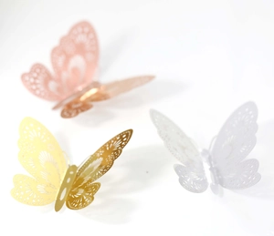 Close-up of 3D reflective hollow butterflies in gold, rose gold and silver finishes