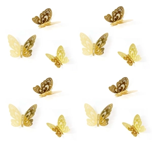 Set of 12 golden 3D butterfly wall stickers with intricate hollowed-out carved wing patterns