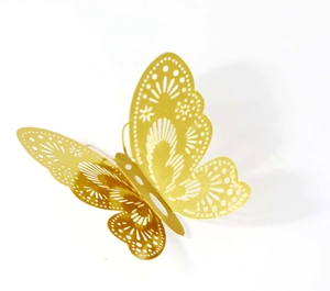 3D rose gold reflective butterfly wall sticker with intricate laser-cut floral patterns