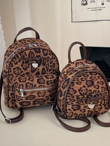 Mini Sac à Dos Vintage en PU à Imprimé Léopard pour Femme Mode Nœud Pendentif Cœur Petit Sac d'École Rétro Décontracté Quotidien