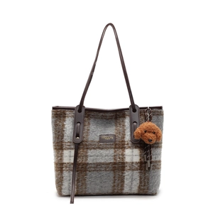Large plaid wool tote bag in grey and brown with leather straps and bear charm