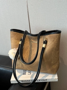 Women Large Capacity PU Leather Tote Bag Fashion Marble Texture Shoulder Bag With Plush Sheep Pendant Commuter Daily Handbag