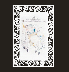 Intricate laser-cut pearl paper lace card featuring a colorful unicorn with rose borders