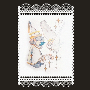 Laser cut white lace card featuring watercolor spiritual art with stars and holy bird