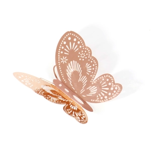 Detailed view of 3D rose gold hollow butterfly wall sticker with intricate floral patterns