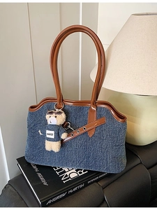 Large capacity blue denim tote bag with brown leather straps and cute bear charm