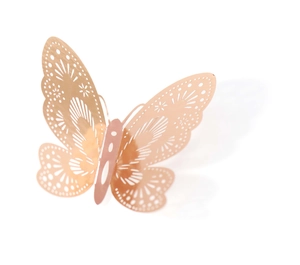 Detailed laser-cut hollow rose gold 3D butterfly wall sticker with floral patterns