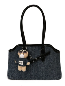 Large dark blue denim tote bag with black glossy handles and a cute bear bag charm