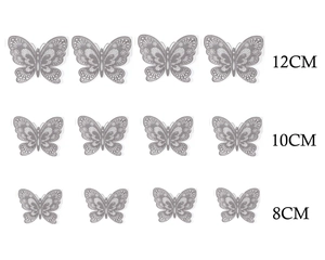 Detailed size guide for 12pcs silver 3D hollow butterfly wall stickers with measurements