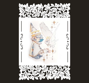 Lace-style hollow black wedding card with anime illustration, bird, and gold stars