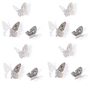 Set of 12 3D hollow butterfly wall stickers in metallic silver with laser-cut hollow pattern