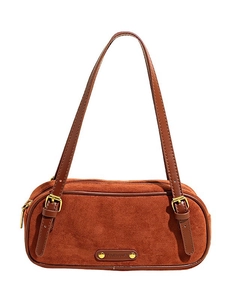 Vintage brown suede Boston bag with leather straps and gold hardware on white background