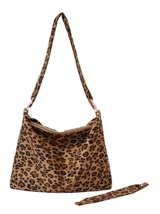 Leopard print canvas tote bag with adjustable shoulder strap and zipper closure