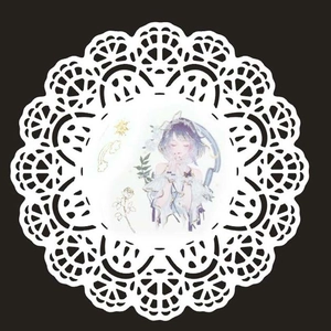 Lace-edged laser-cut white card with colorful anime illustration and floral pattern